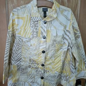 Chicos 3/4 sleeve yellow, tan & white spring jacket w 2 pockets. SIZE 3